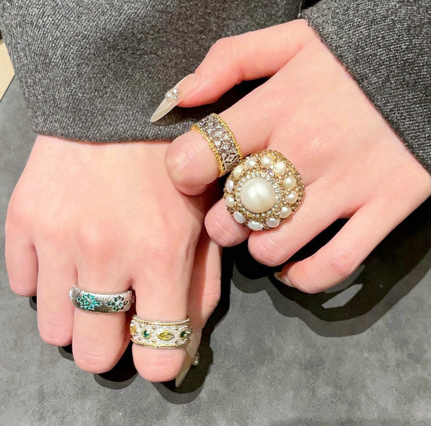 Lace Honeycomb Rainbow Gem Ring Tahiti Sea Pearl Arc Brushed Snowflake Zircon Ring Combination
