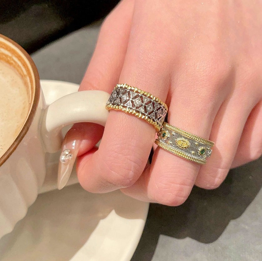 Lace Honeycomb Rainbow Gem Ring Tahiti Sea Pearl Arc Brushed Snowflake Zircon Ring Combination