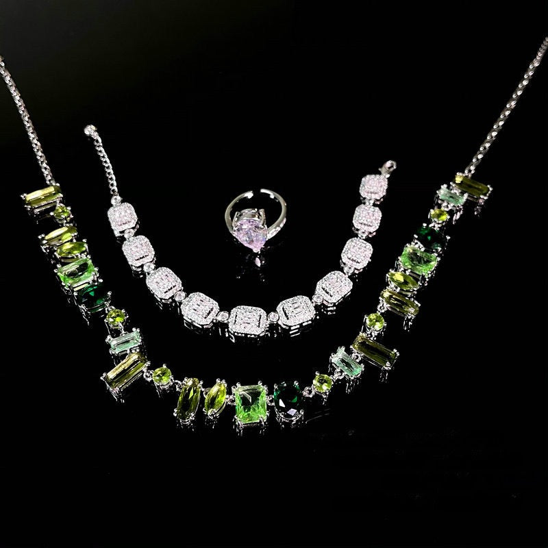 Lake Light Water Shadow Peacock Green Irregular Gemstone Necklace Designer Plated with 18K Gold Color Treasure Gradient Zircon Neck Chain