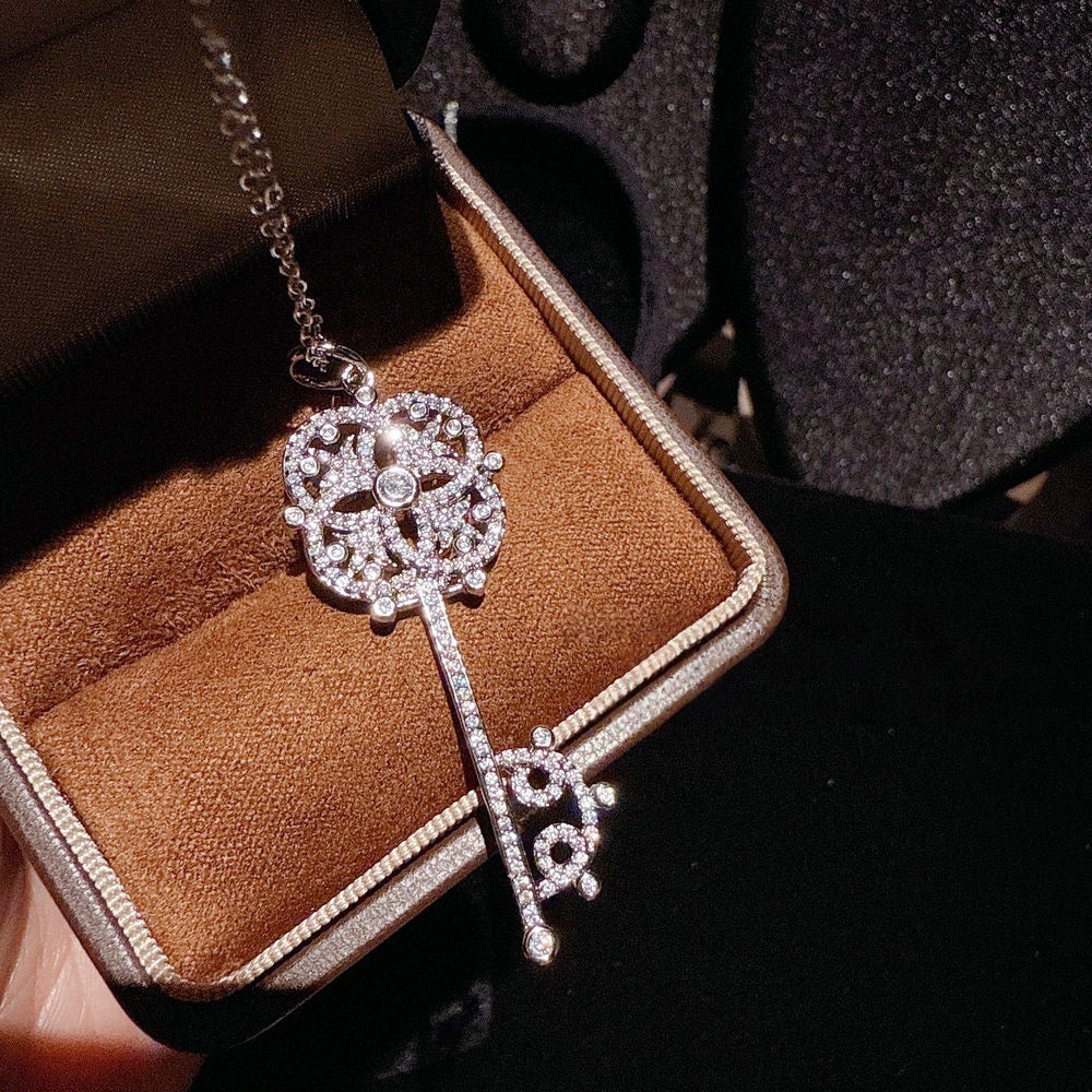 Floral Iris Key Heart shaped Gemstone Key Necklace Sunflower Sparkling Diamond Key Necklace Combination