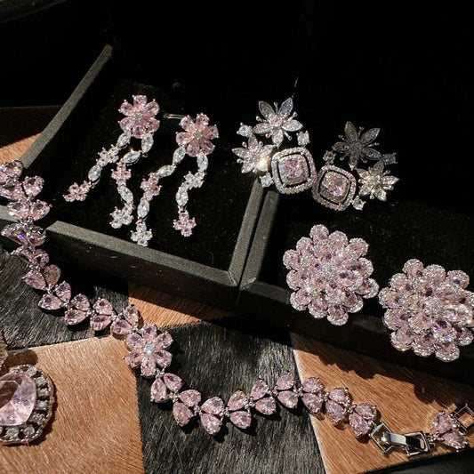 Fugitive princess pink flower basket gemstone earrings Papalacha plated 18K gold Barbie pink petal zircon bracelet