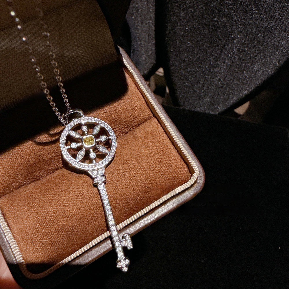 Floral Iris Key Heart shaped Gemstone Key Necklace Sunflower Sparkling Diamond Key Necklace Combination