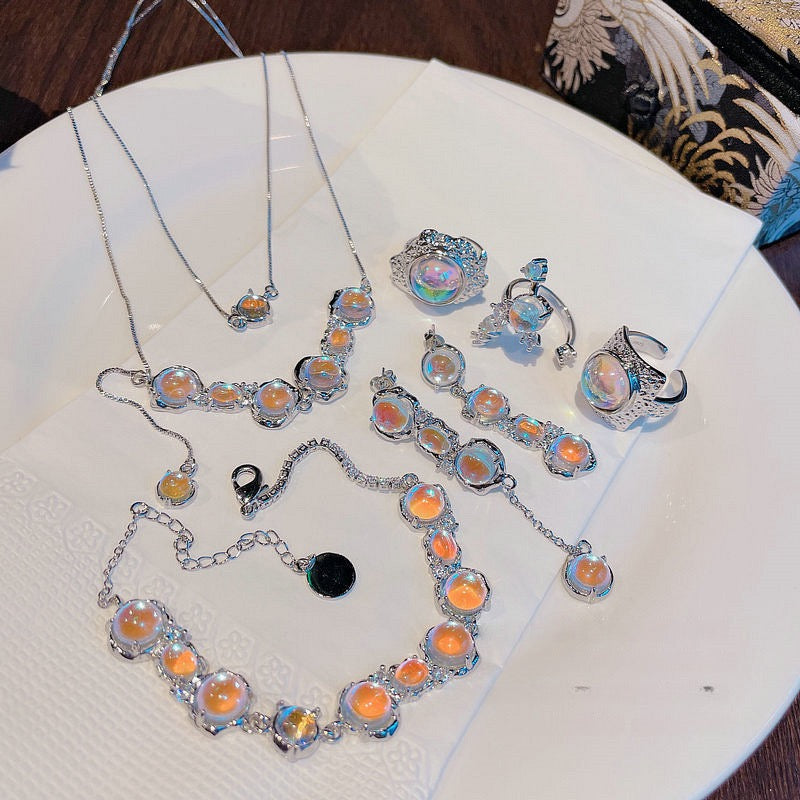 Lake Light Water Shadow Moonlight Stone Necklace Designer Plated 18K Gold Melted Grape Zircon Bracelet Glass Bead Earrings