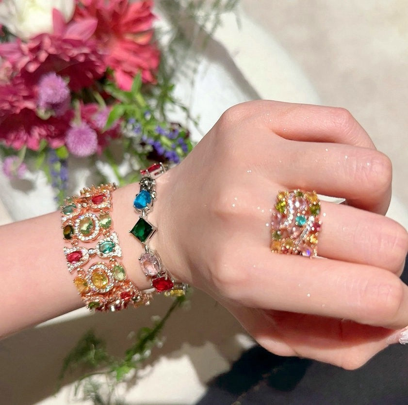 Austrian Palace Rainbow Gem Bracelet Fantasy Bubble Plated 18K Gold Margarita Color Treasure Zircon Ring