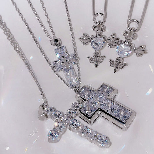 Sparkling Flowing Light Cross Gemstone Earrings Plated with 18K Gold Multi faceted Pendant, Tassel Colored Treasure Zircon Sparkling Diamond Earrings