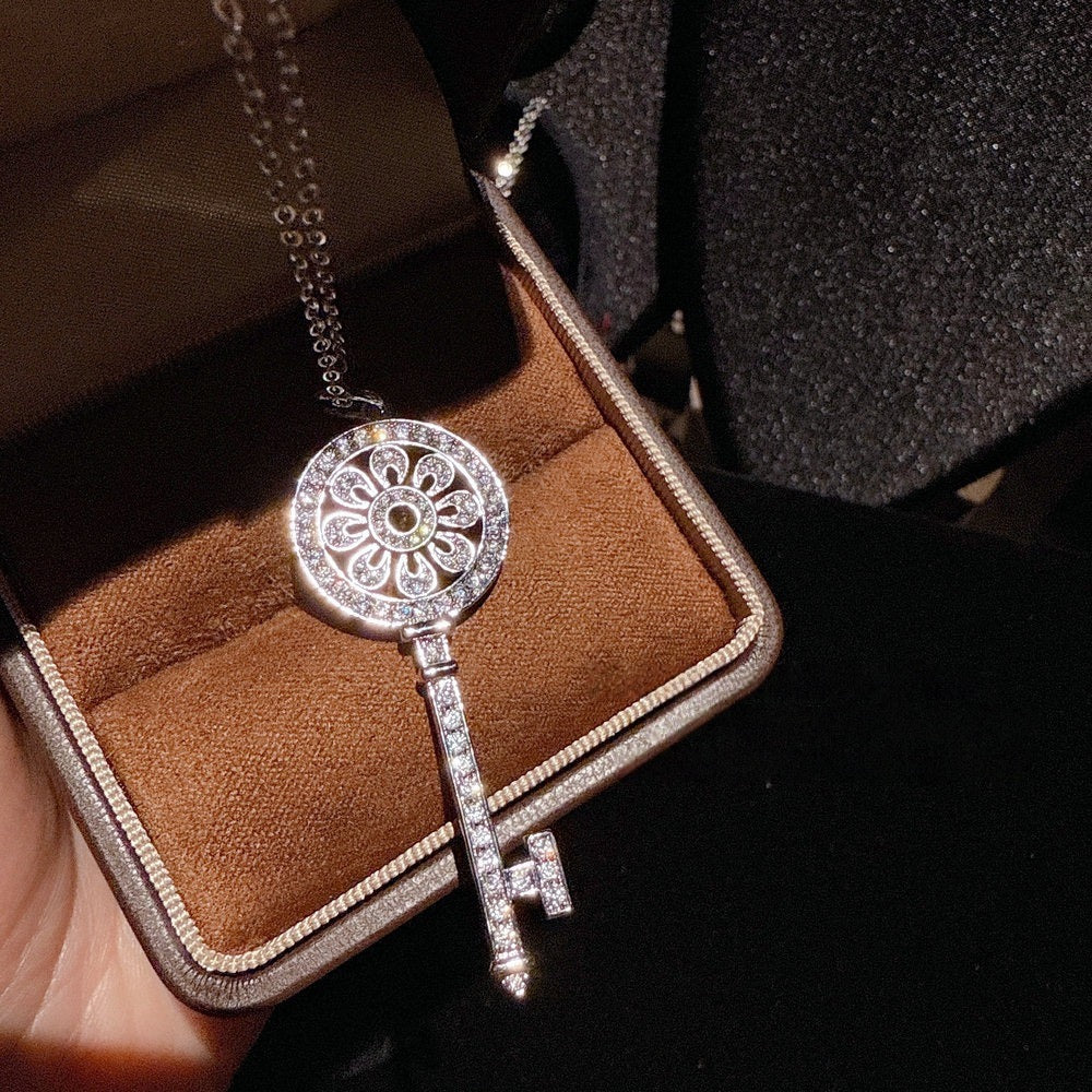 Floral Iris Key Heart shaped Gemstone Key Necklace Sunflower Sparkling Diamond Key Necklace Combination