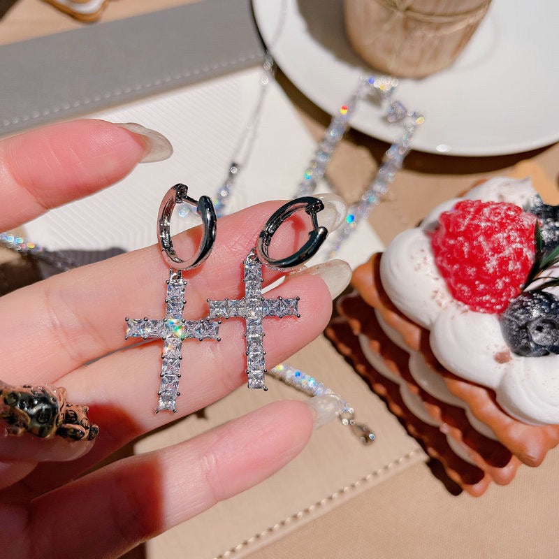 Sparkling Flowing Light Cross Gemstone Earrings Plated with 18K Gold Multi faceted Pendant, Tassel Colored Treasure Zircon Sparkling Diamond Earrings
