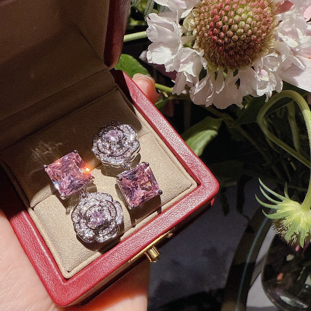 Flower Fairy Rose Pink Square Gemstone Necklace Papalacha 18K Gold Plated Camellia Pollen Zircon Bracelet