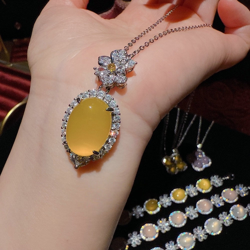 Jewelry Aurora Brazil Egg shaped White Jade Marrow Flower God Gemstone Bracelet New Chinese Chicken Oil Yellow Jade Marrow Necklace Set
