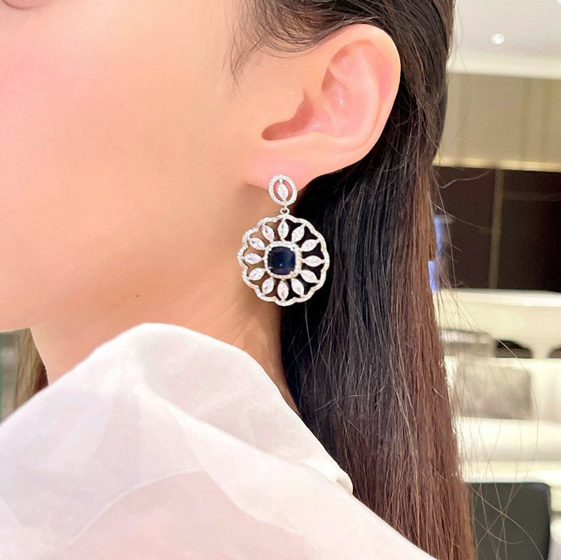 Deep sea sapphire flower necklace designer plated with 18K gold, navy blue zircon, multi-layer geometric surround flower earrings