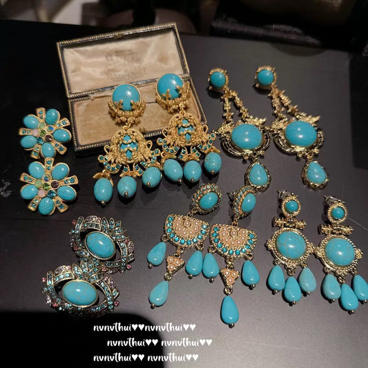 Italian vintage relief petal turquoise teardrop earrings, courtly teardrop blue turquoise ear pendants