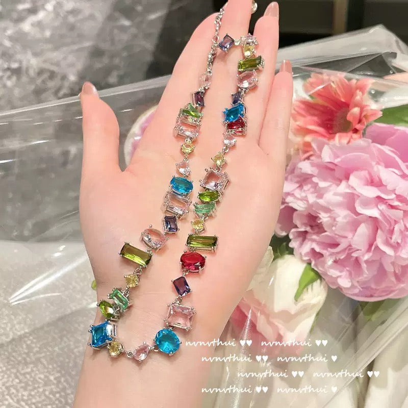 Colorful Candy Colored Gemstone Necklace, Designer 18K Gold Plated Rainbow Zircon Crystal Bracelet Set