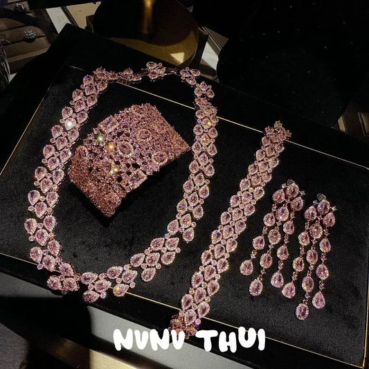 Jewelry Mozambique pink water drop gemstone necklace, dazzling and gorgeous full set of water drop zirconia bracelet and earrings.