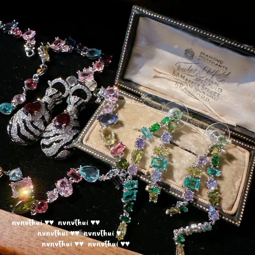 Colorful Candy Colored Gemstone Necklace, Designer 18K Gold Plated Rainbow Zircon Crystal Bracelet Set