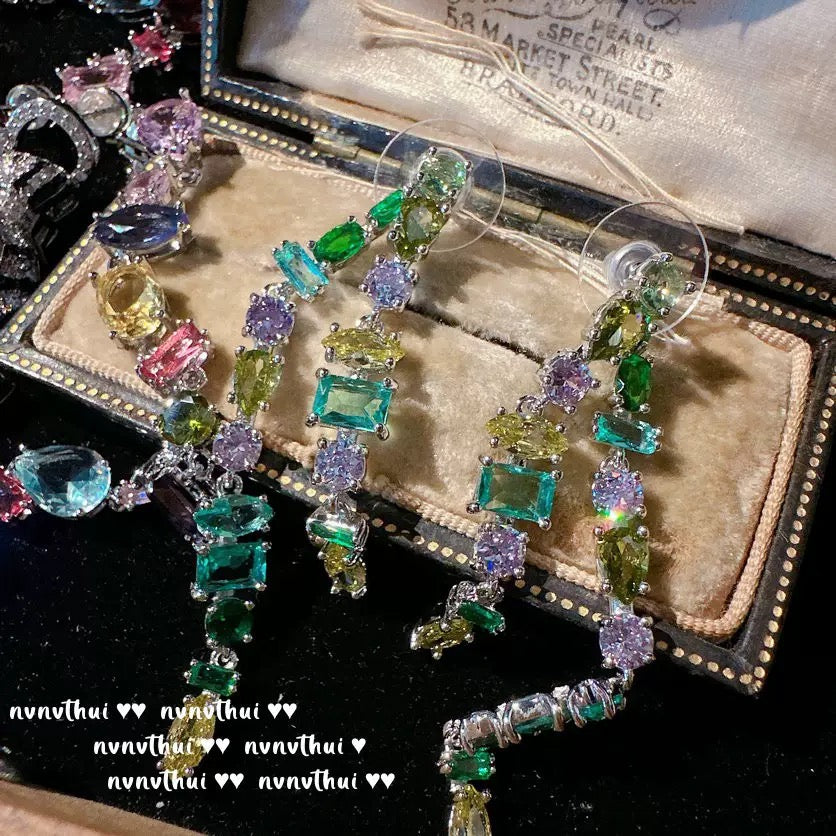 Colorful Candy Colored Gemstone Necklace, Designer 18K Gold Plated Rainbow Zircon Crystal Bracelet Set