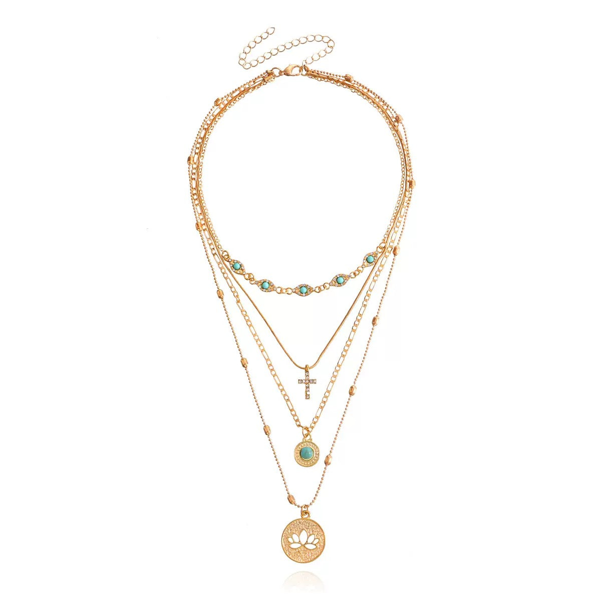 Fashionable ins multi-layer small hole chain hollow flower diamond-encrusted cross pendant necklace