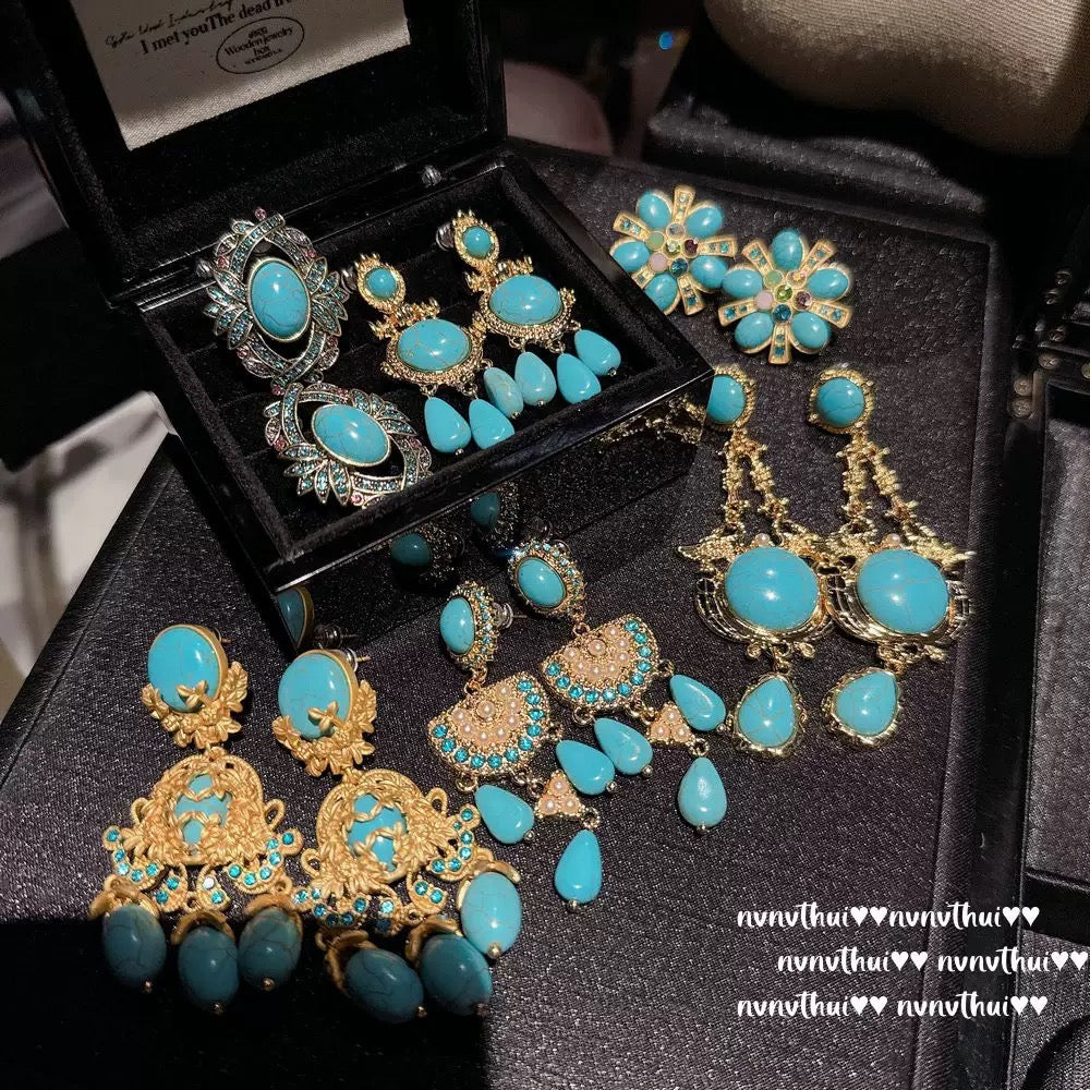 Italian vintage relief petal turquoise teardrop earrings, courtly teardrop blue turquoise ear pendants