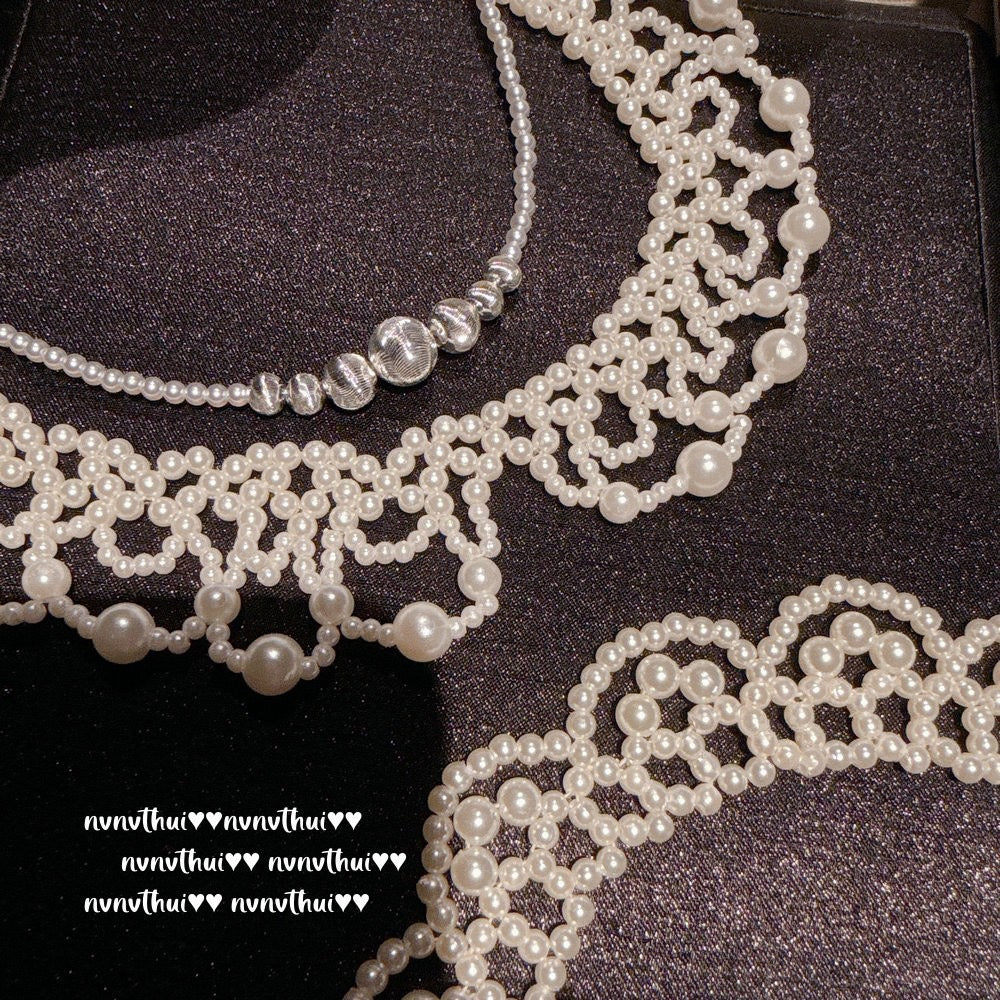 Lace pearl petal beaded necklace, Vintage brushed ball beads necklace, Layered wearing