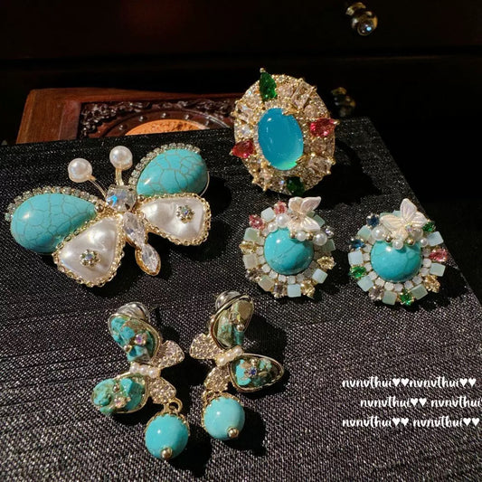 Wattier blue turquoise butterfly pearl earrings, Sotheby's, Turkish blue chalcedony, drop zircon