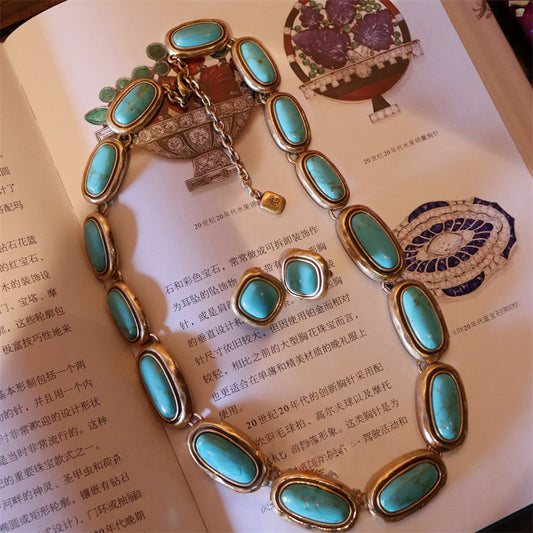 Designer style green turquoise necklace earring set, vintage collarbone chain 925 silver needle earrings for women