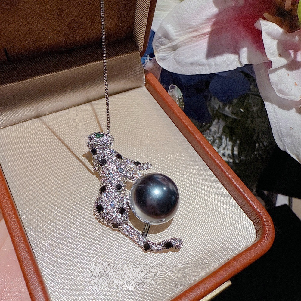Vintage Cheetah Gemstone Tahitian Pearl Ring Banquet High Order Leopard Full Diamond Bead Necklace Set