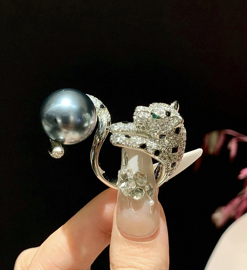 Vintage Cheetah Gemstone Tahitian Pearl Ring Banquet High Order Leopard Full Diamond Bead Necklace Set