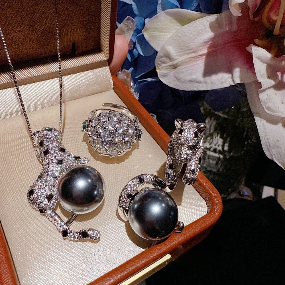 Vintage Cheetah Gemstone Tahitian Pearl Ring Banquet High Order Leopard Full Diamond Bead Necklace Set