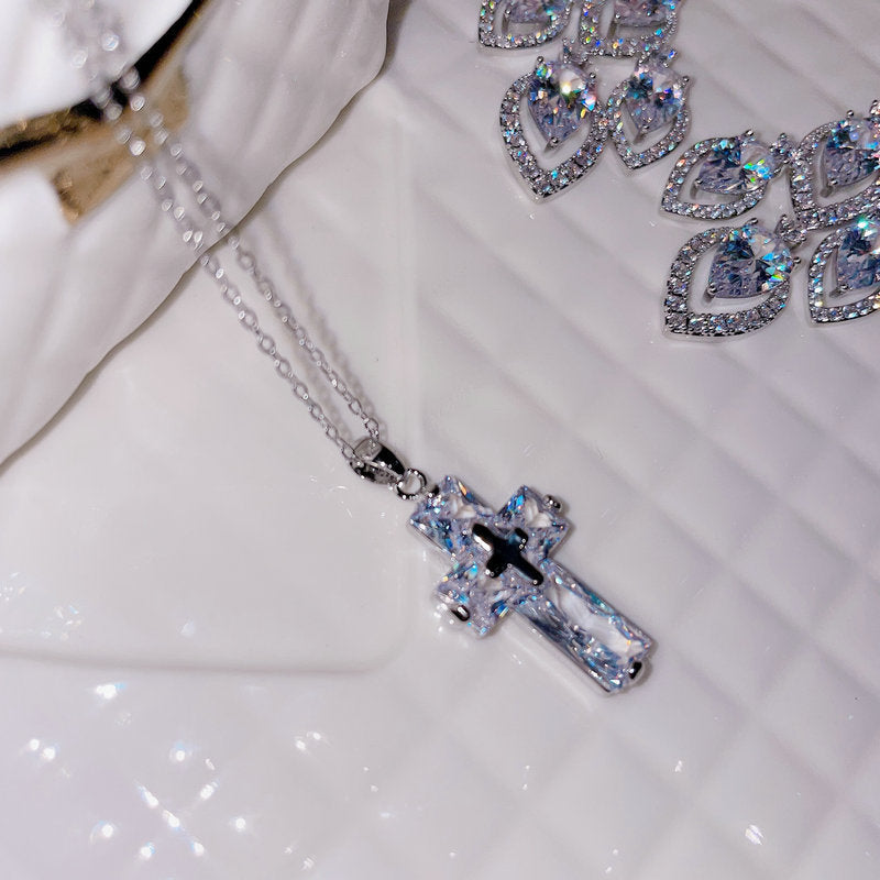 Sparkling Flowing Light Cross Gemstone Earrings Plated with 18K Gold Multi faceted Pendant, Tassel Colored Treasure Zircon Sparkling Diamond Earrings