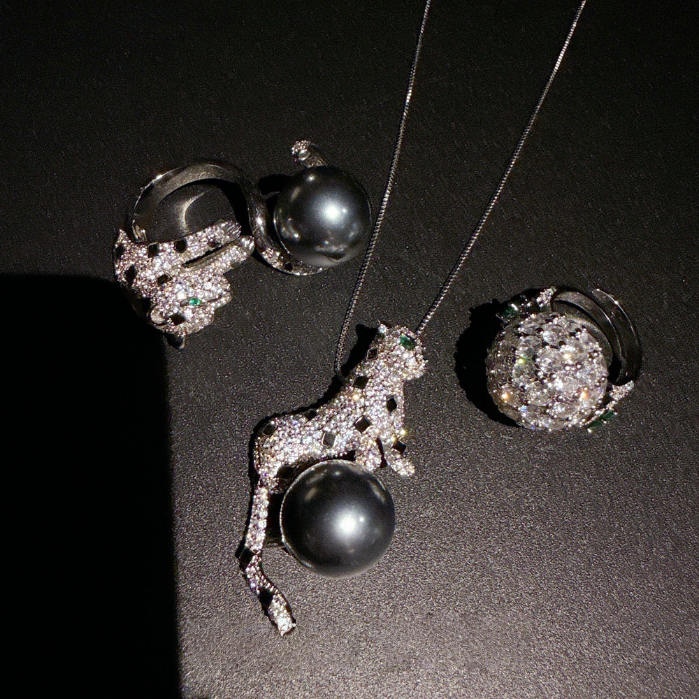 Vintage Cheetah Gemstone Tahitian Pearl Ring Banquet High Order Leopard Full Diamond Bead Necklace Set