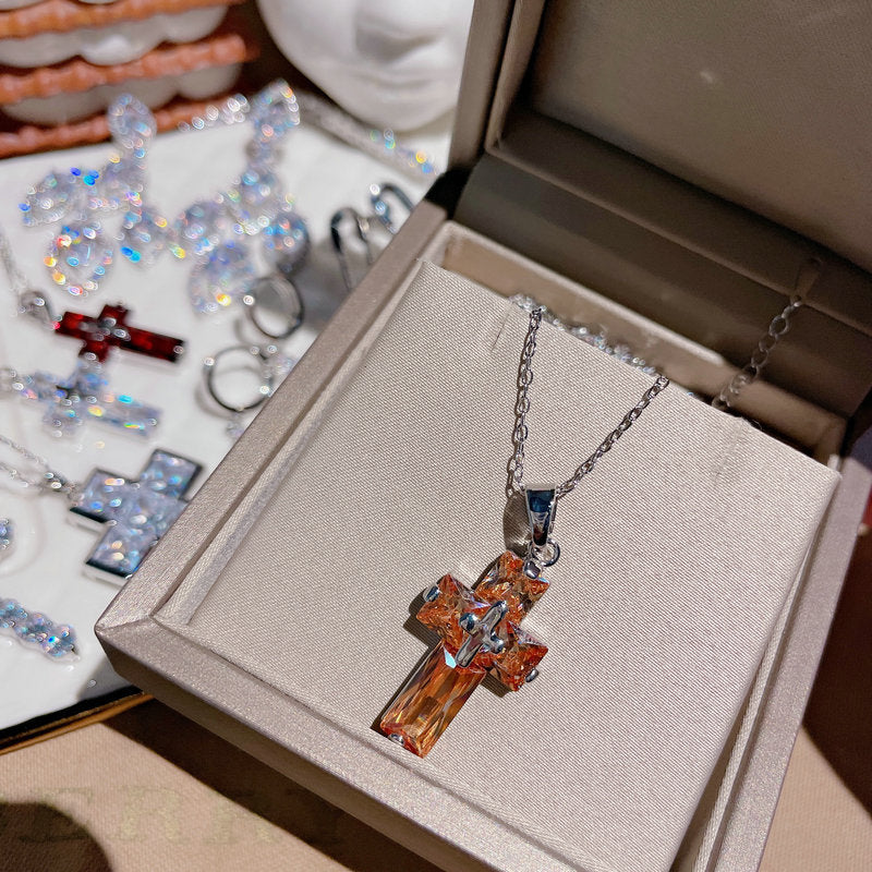 Sparkling Flowing Light Cross Gemstone Earrings Plated with 18K Gold Multi faceted Pendant, Tassel Colored Treasure Zircon Sparkling Diamond Earrings