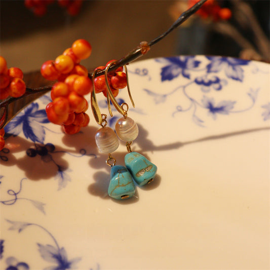 French turquoise natural freshwater pearl interval bead temperament gold-plated earrings necklace for women