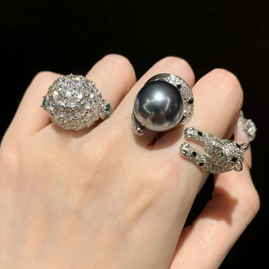Vintage Cheetah Gemstone Tahitian Pearl Ring Banquet High Order Leopard Full Diamond Bead Necklace Set
