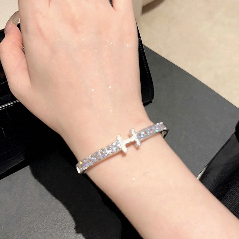 Brilliant letter gemstone bracelet plated with 18K gold, zircon bamboo shaped sparkling diamond bracelet with adjustable opening