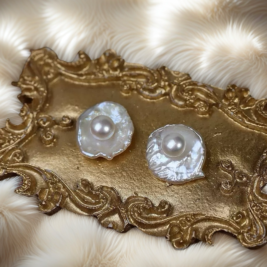 Poached egg pearl stud earrings, natural freshwater petal earrings, French retro original design, 925 silver needle.