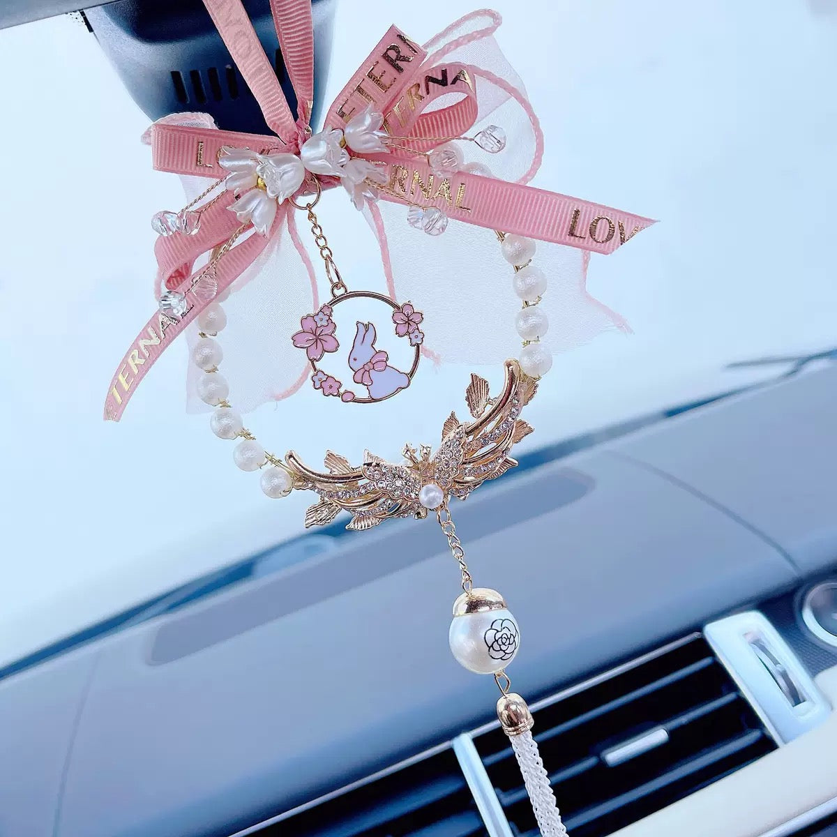 Lily of the Valley Bunny Car Charm, Tassel Car Mirror Decoration, Interior Car Hanging Ornament
