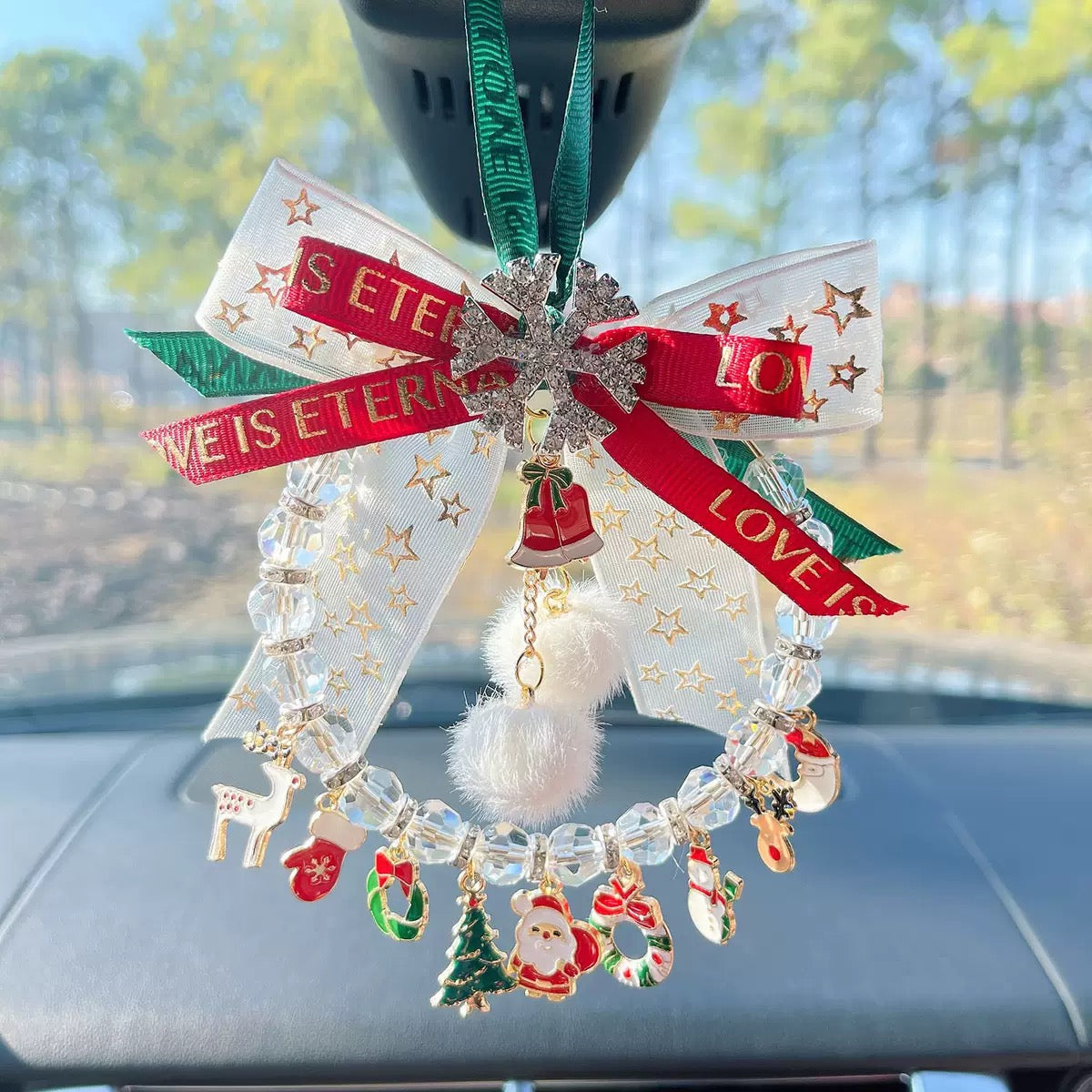 Christmas New Year car ornaments snowflake pendants car rearview mirror hangers red festive car decorations