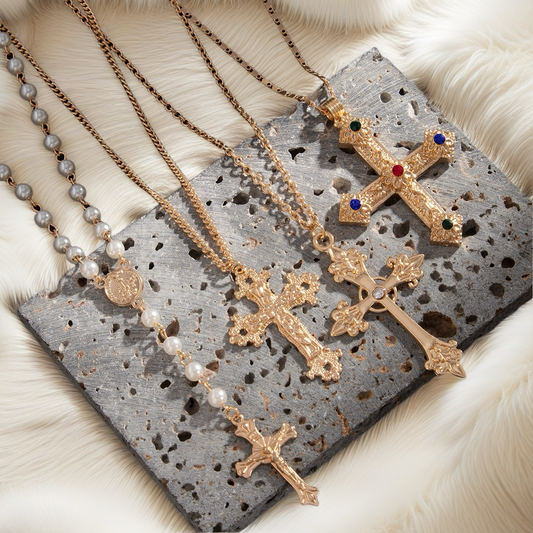 Cross pendant necklace for both men and women, trendy hip-hop, unique, pearl spliced choker chain, necklace set