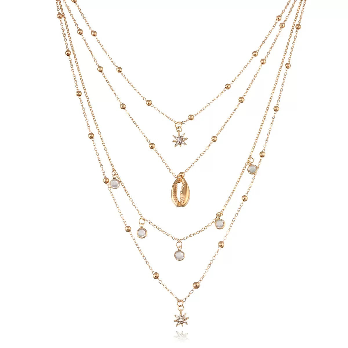 Ladies' full diamond six-pointed star pendant necklace, multi-layer hip-hop retro rhinestone and shell choker.