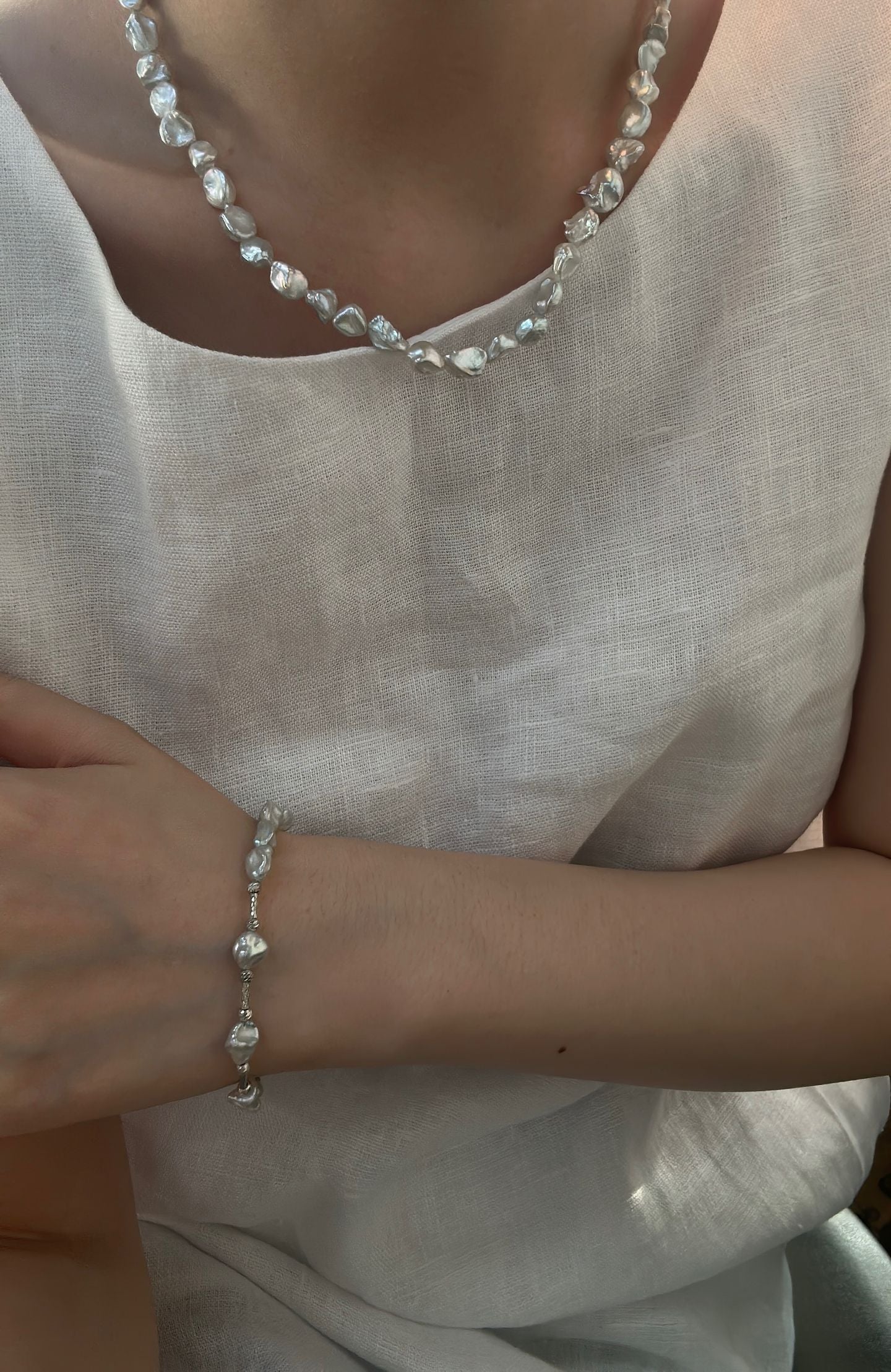 Natural freshwater pearl Baroque pearl mixed with crushed silver bracelet for girls, Mother's Day gift pearl handmade
