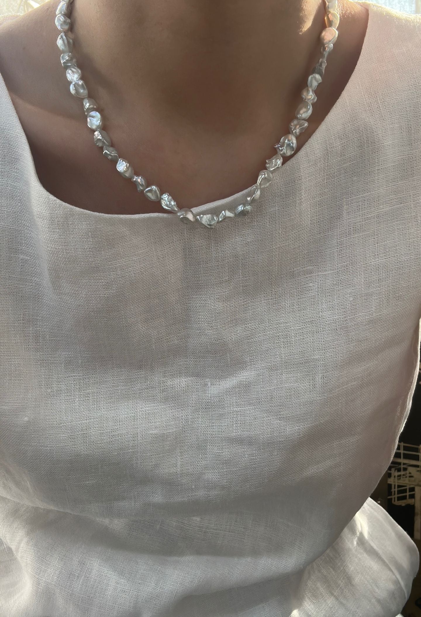 Natural Fresh Water Pearl Blue Blood Crushed Silver Pearl Necklace